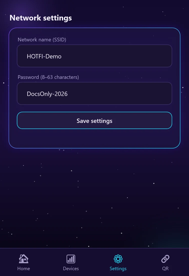 تنظیم نام و رمز شبکه در HOTFI
